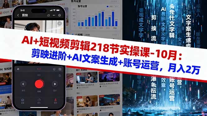 AI+短视频剪辑218节实操课-10月：剪映进阶+AI文案生成+账号运营，月入2万-网创资源