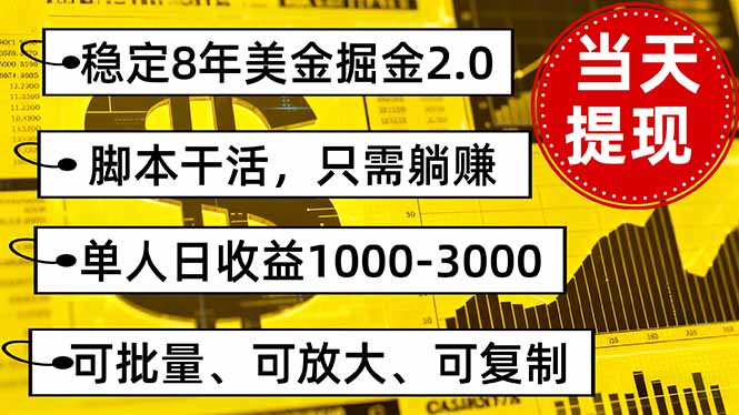 稳定8年美金掘金2.0脚本干活，只需躺赚。单人日收益1000-3000可批量、...-网创资源