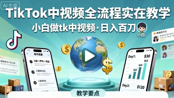 TikTok中视频全流程实操教学，小白做tk中视频，日入百刀-网创资源