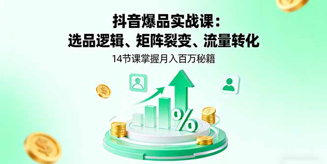 抖音爆品实战课：选品逻辑、矩阵裂变、流量转化，14节课掌握月入百万秘籍-网创资源