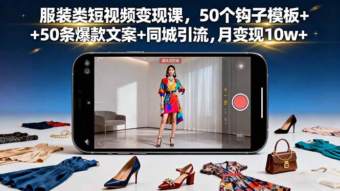 服装类短视频变现课，50个钩子模板+50条爆款文案+同城引流，月变现10w+-网创资源