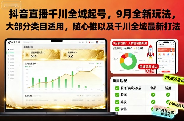 抖音直播千川全域起号，9月全新玩法，大部分类目适用，随心推以及千川全域最新打法-网创资源