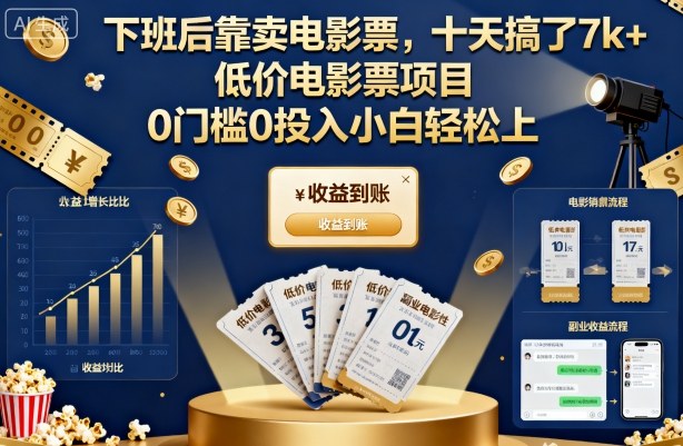 下班后靠卖电影票，十天搞了7k+，低价电影票项目，0门槛0投入小白轻松上手【揭秘】-网创资源
