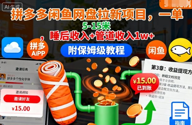 拼多多闲鱼网盘拉新项目，一单5-15米，睡后收入+管道收入1w+(附保姆级教程)-网创资源