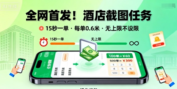 全网首发！酒店截图任务，15秒一单，每单0.6米，任务无上限不设限，矩阵操作单日3张到手【揭秘】-网创资源