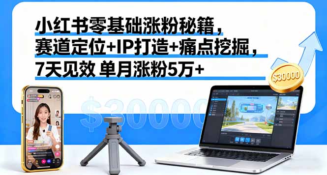 小红书零基础涨粉秘籍，赛道定位+IP打造+痛点挖掘，7天见效 单月涨粉5万+-网创资源