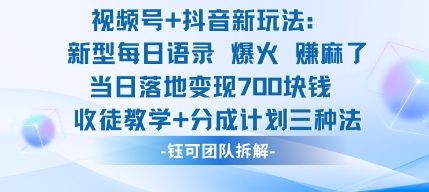 视频号加抖音新玩法：爆火新型每日语录，收徒教学加分成计划，三种变现玩法，当日变现7张-网创资源