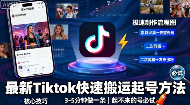 最新Tiktok快速搬运快速起号方法，3-5分钟做一条，起不来的号可以试试-网创资源