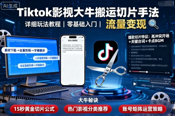Tiktok影视大牛搬运切片手法，详细玩法教程-网创资源