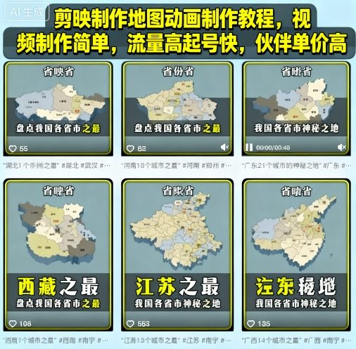 剪映制作地图动画制作教程，视频制作简单，流量高起号快，伙伴单价高-网创资源