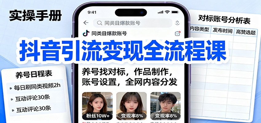 抖音引流变现全流程课：养号找对标，作品制作，账号设置，全网内容分发-网创资源