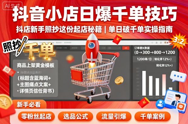 抖音小店日爆千单技巧，抖店新手照抄这份起店秘籍，单日破千单-网创资源