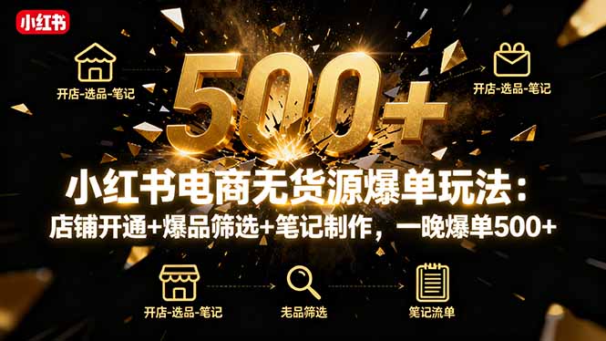 小红书电商无货源爆单玩法：店铺开通+爆品筛选+笔记制作，一晚爆单500+-网创资源