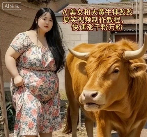 AI美女和大黄牛摔跤搞笑荒诞视频制作教程，快速涨千粉万粉-网创资源