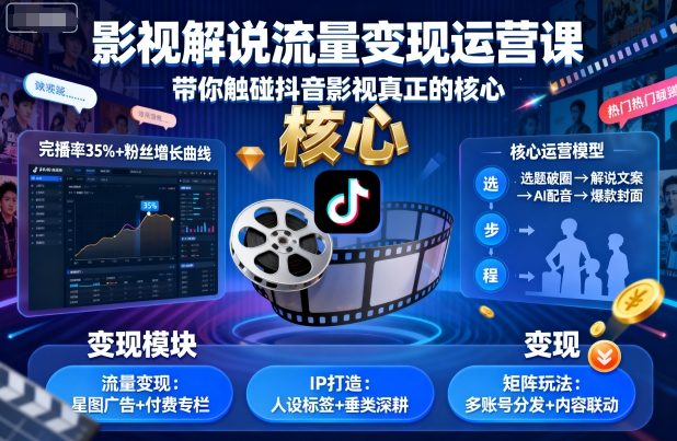 影视解说流量变现运营课，带你触碰抖音影视真正的核心-网创资源