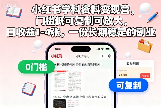小红书学科资料变现营，门槛低可复制可放大，日收益1-4张，一份长期稳定的副业-网创资源