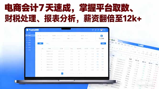 电商会计7天速成，掌握平台取数、财税处理、报表分析，薪资翻倍至12k+-网创资源