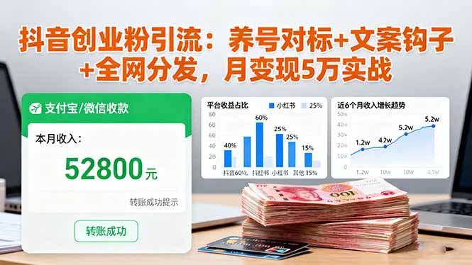 抖音创业粉引流：养号对标+文案钩子+全网分发，月变现5万实战-网创资源