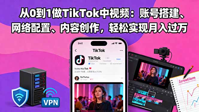 从0到1做TikTok中视频：账号搭建、网络配置、内容创作，轻松实现月入过万-网创资源