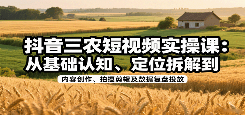 抖音三农短视频实操课：从基础认知、定位拆解到内容创作、拍摄剪辑及数据复盘投放-网创资源
