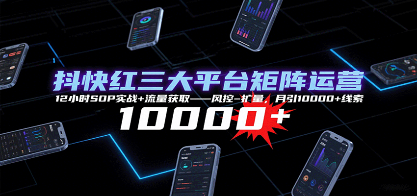 抖快红三大平台矩阵运营，12小时SOP实战+流量获取-风控-扩量，月引10000+线索-网创资源