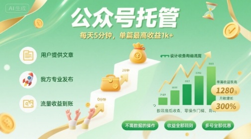 【公众号托管 】我提供文章，你发布，每天5分钟，单篇最高收益1k+【揭秘】-网创资源