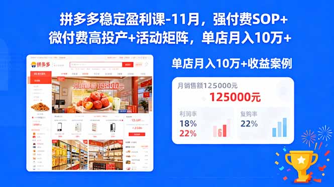 拼多多稳定盈利课-11月，强付费SOP+微付费高投产+活动矩阵，单店月入10万+-网创资源